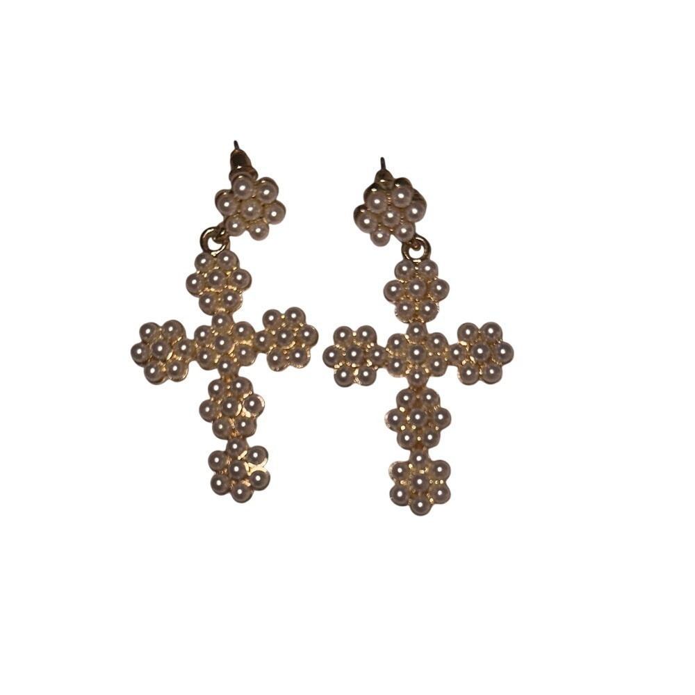 Altar'd State Gold and White Floral Cross Earrings
